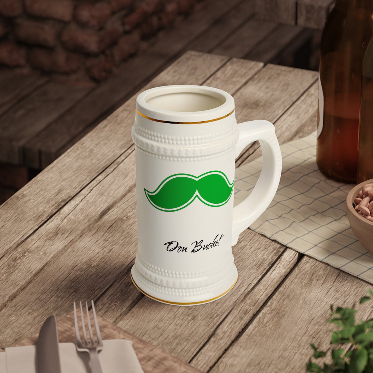 Don Bucket Green Beer Stein Mug for Craft Beer Lovers, Personalized Gift for Him, Oktoberfest Party, Custom Ceramics, Holiday Celebrations
