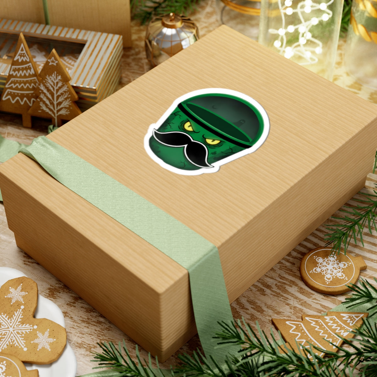 Cool Mustached Trash Can Kiss-Cut Stickers, Funny Laptop Decal, Cute Green Garbage Can Art, Unique Gift for Friends, Quirky Home Decor