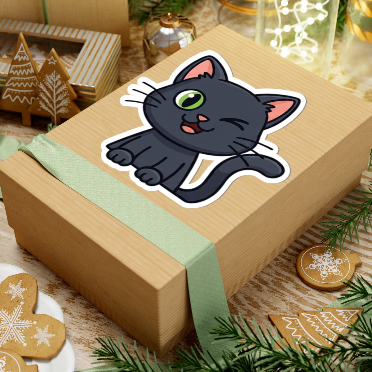 Cute Cat Kiss-Cut Stickers, Adorable Black Cat, Fun Laptop Decals, Gift for Cat Lovers, Pet-Themed Home Decor