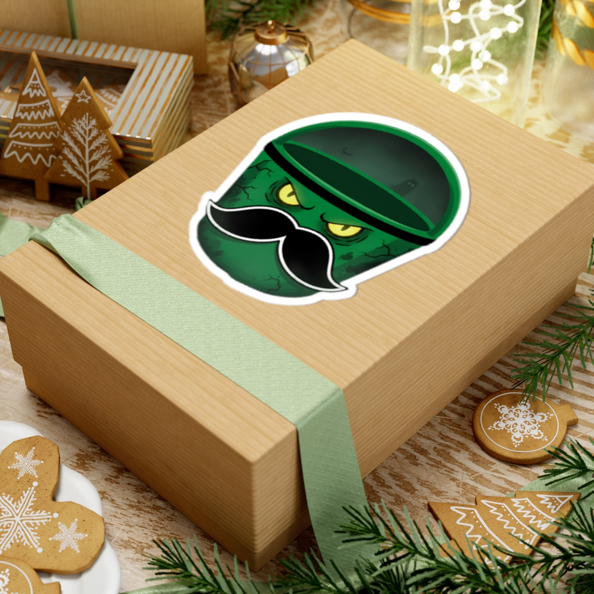 Cool Mustached Trash Can Kiss-Cut Stickers, Funny Laptop Decal, Cute Green Garbage Can Art, Unique Gift for Friends, Quirky Home Decor