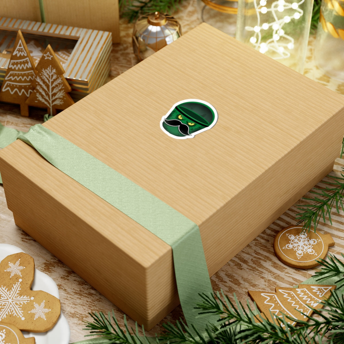Cool Mustached Trash Can Kiss-Cut Stickers, Funny Laptop Decal, Cute Green Garbage Can Art, Unique Gift for Friends, Quirky Home Decor