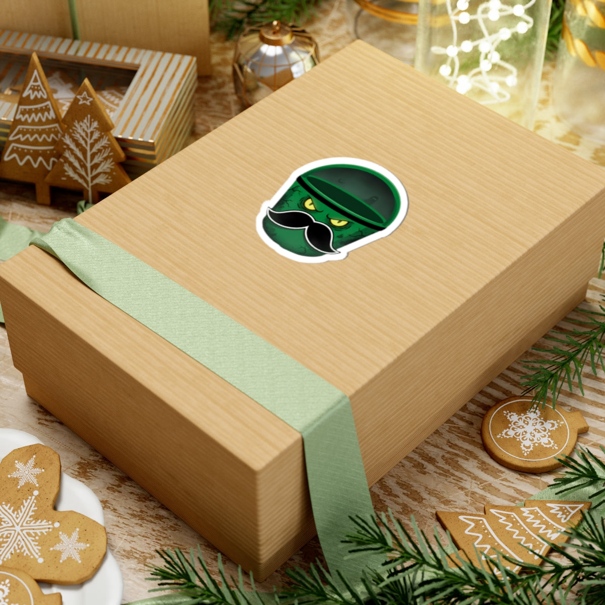 Cool Mustached Trash Can Kiss-Cut Stickers, Funny Laptop Decal, Cute Green Garbage Can Art, Unique Gift for Friends, Quirky Home Decor